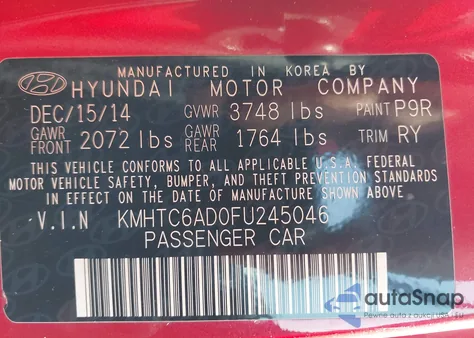 2015 Hyundai Veloster из США, поврежденный, VIN KMHTC6AD0FU245046